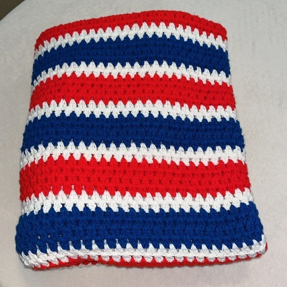 Handmade Patriotic Crochet Afghan Red White Blue Blanket 79”X 66”